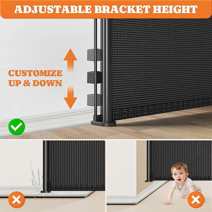 Extra Tall Retractable Baby Gates: 51" High Pet Gate, Extend up to 71" Wide, Mesh Baby Gate with Support Rods Jump-Proof Design for Cats & Large Dogs Tall Dog Cat Gate Indoor Outdoor, Black
