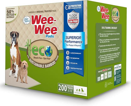 Four Paws Wee-Wee Superior Performance Bamboo Pee Pads for Dogs, Earth Friendly Dog & Puppy Potty Training Pads, Crate Liners, Housebreaking Supplies, 22" x 23" (200 Count)
