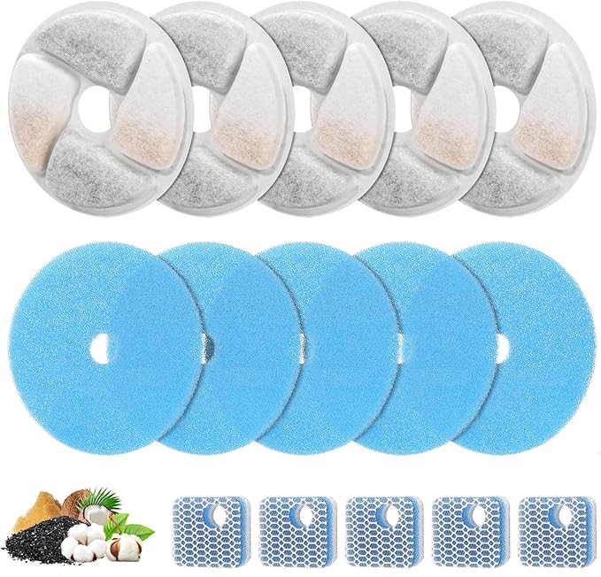 5 Set Cat Water Fountain Filter Replacement for Square 2.2L/73oz Stainless Steel Cat Fountain, ZEKIRY Pet Fountain Filter, Triple Filtration Replacement Filters(5 Filter, 5 Sponge, 5 8D Sponge)