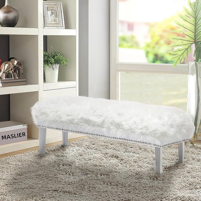 46 Inch White Bedroom Bench, Modern Multi-Purpose Bench with Wooden Legs, White Faux Fur Upholstered Bench for Bedroom, Living Room, or Entryway