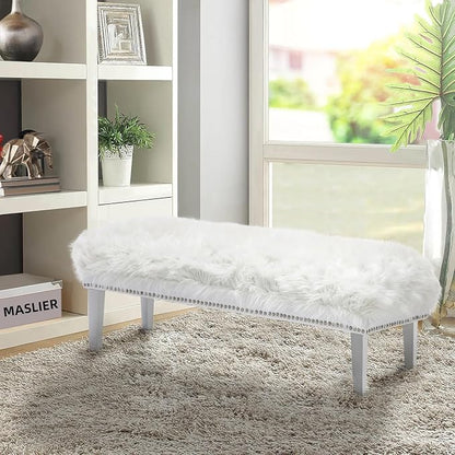 46 Inch White Bedroom Bench, Modern Multi-Purpose Bench with Wooden Legs, White Faux Fur Upholstered Bench for Bedroom, Living Room, or Entryway