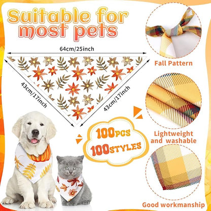 100 Pcs Fall Dog Bandanas Bulk Pet Bibs Colorful Triangle Scarf Autumn Pet Bandanas for Medium Large Dogs Fall Autumn Harvest Festival Costume Decor