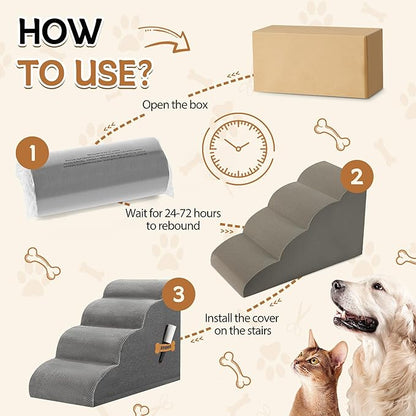 Dog Stairs, Romrol Dog Steps Ramp for High Bed and Couch, Dogs Ramp with Durable Non-Slip Waterproof Fabric Cover, Pet Stairs for Small Dogs and Cats or Pets Joints, 4-Tiers,Grey