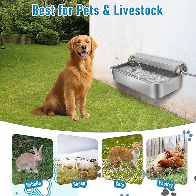 6L Automatic Dog Water Dispenser Bowl for Large Dogs, 304 Stainless Steel Wall Mounted Pet Waterer with Float Valve, Self-Filling Outdoor Water Trough for Pets/Livestock