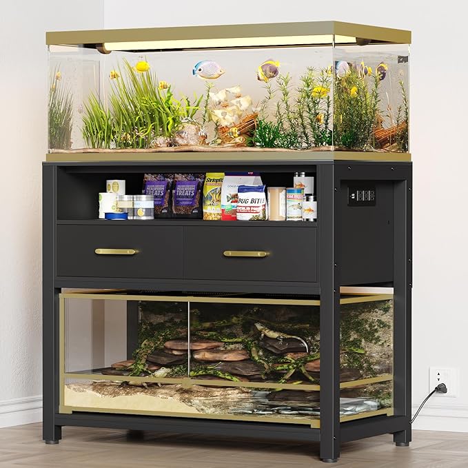 40-50 Gallon Fish Tank Stand with Power Outlet & 2 Storage Drawers, Heavy Duty Metal Frame Aquarium Stand with Waterproof Mat, 36.6" L*19.1" W Tabletop, 800LBS Capacity, Black