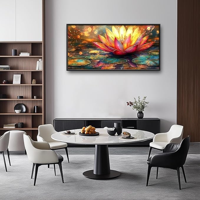 Framed Large Lotus Wall Art for Living Room, Oversized Lotus Flower Wall Decor Zen Golden Floral Canvas Painting Modern Artwork Home Decoration for Living Room Bedroom Office 60"x30"