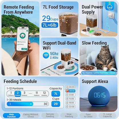 5G WiFi Automatic Cat Feeder with Slow Feed for 2 Cats: Automatic Dog Feeder with 7L Large Food Storage, Cat Food Dispenser with Alexa for Multiple Pets, Detachable for Easy Cleaning -29 Cup