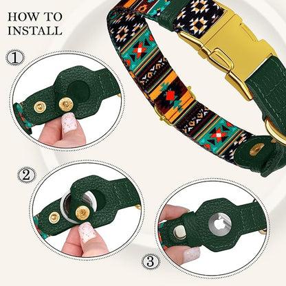 AirTag Dog Collar for Small Medium Large Breed - Adjustable Cute Pattern Dog Collar with Airtag Holder - Soft Leather Tracker GPS Apple Air Tag Pet Collars (Large, 17"-21" Neck Fit, Tribal)
