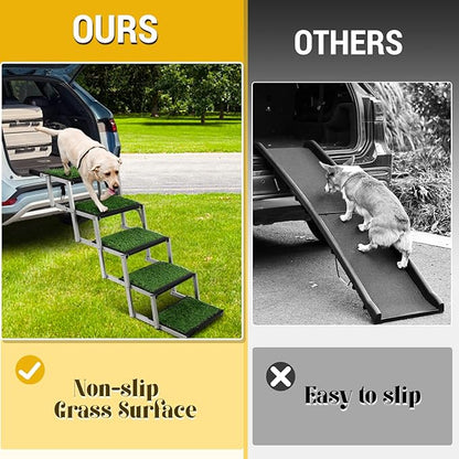 Dog Stairs for Car, Portable Folding Dog Ramps,Dog Steps for Large Dogs with Non-Slip Grass Rug for Cars, SUV, Trucks, Lightweight Pet Ramp Supports Up to 200 lb, 6 Steps