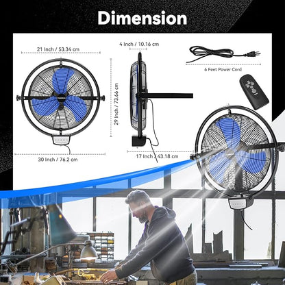 20 IN 5500 CFM Remote Control Wall Mount Fan, 3 Speed High Velocity Wall Fan with Timer, Oscillation & Tilting, Air Circulator for Garage, Commercial, Greenhouse, Warehouse & Gazebo Use, UL Listed