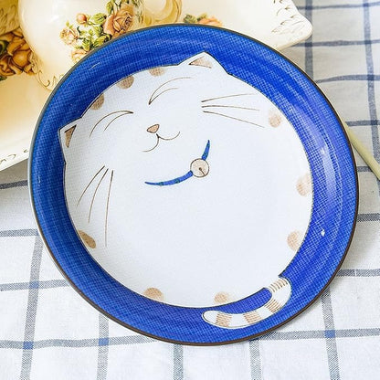 JapanBargain 2565, Set of 2 Japanese Round Porcelain Dinner Plates for Appertizer Dessert Cake Snack Maneki Neko Smiling Lucky Cat Pattern for Cat Lovers 7-3/4 inch, Made in Japan