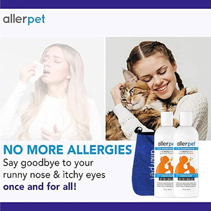 Allerpet Cat Dander Remover w/Free Applicator Mitt - Effective Cat Dander Reduction - Anti Allergen Solution Made in USA - 2 Pack (12oz)