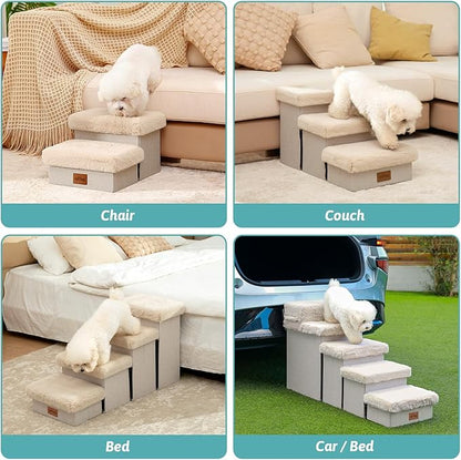 Dog Stair for Small Dogs with Storage, 21" H Foldable Pet Step with Soft Cover, Older Cat Ramp for High Bed or Car, Lightweight, Comfort, 39.7x13x21.2 inch, 5 Tiers, Beige
