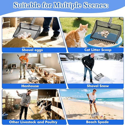 12 Inch Chicken Poop Scooper & Rake 2-in-1, Large Metal Shovel Head, Rubber Handle Stainless Steel Chicken Litter Scoop for Chicken Coops, Litter Screening Scoop (35 to 65in) US Patent Pending (Black)