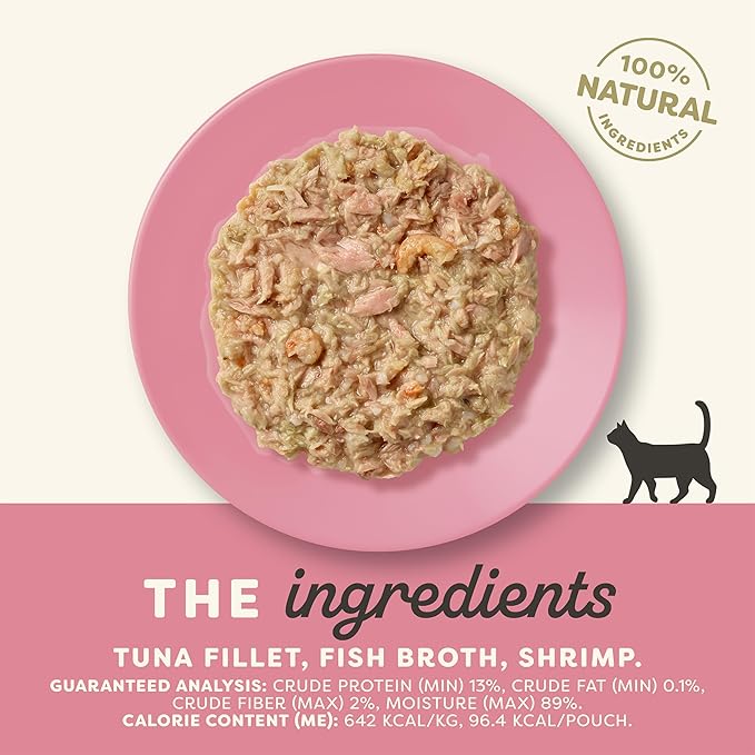 Applaws Natural Wet Cat Food in Broth, Limited Ingredient Wet Cat Food Pouches, No Additives, Made with Natural Ingredients, Tuna Fillet with Shrimp in Broth (12 x 5.3oz Pouches)