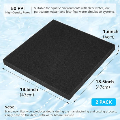 Aquarium Filter Sponge Pad, Filter Media Foam Sponges, Filter Accessories for Fish Tanks and Ponds (18.5"x18.5"x1.6", 50PPI, 2 Pack)