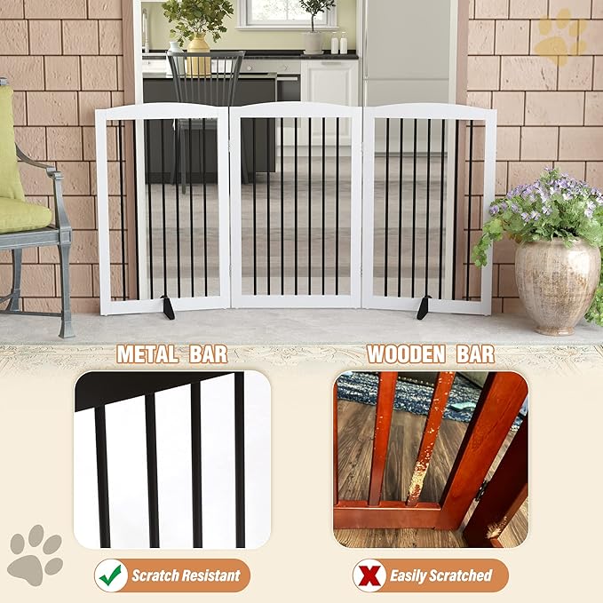 Freestanding Pet Gate for Dogs, Foldable Wooden Dog Gate for House Indoor, Tall Pet Fence for Stair, Doorway,Hall, Support Feet Included, 3 Panels 32",White