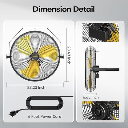 20 Inch Industrial Wall Mount Fan, 5200 CFM Industrial Metal Wall Fans with Poweful Motor, 3 Speed, Heavy Duty Construction Indoor for Warehouse, Workshops, and Garage, UL Listed