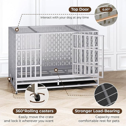 48 Inch Heavy Duty Indestructible Dog Crate Steel Escape Proof, Indoor Double Door High Anxiety Cage, Kennel with Wheels, Removable Tray,Silver,Extra Large XL XXL