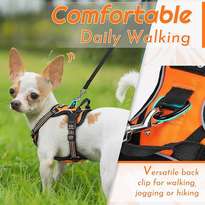 Eagloo Small Dog Harness No Pull, Service Vest with Reflective Strips and Control Handle, Adjustable and Comfortable for Easy Walking, No Choke Pet Harness with 2 Metal Rings, Orange, XS