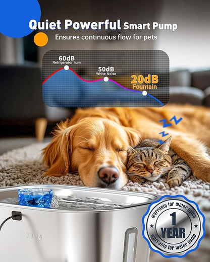 Dog Water Fountain for Large Dogs Stainless Steel, 3Gal Extra Large Dog Water Bowl Dispenser with 2 Filters & Visual Window, Automatic Filtered Pet Fountain Indoor, Quiet Safe Pump with LED Indicator