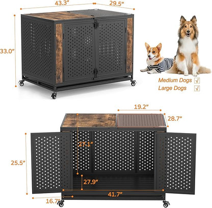 42" Heavy Duty Dog Crate Furniture for Large and Medium Dogs, Enclosed Design with 0.5 inch Holes, Indestructible Metal Kennel for High Anxiety Dogs, Chew Proof Pet House Cage Indoor, Brown