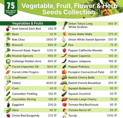 75 Herb & Vegetable Seeds Variety Pack, Garden Seed Starter Kit - Over 47,380 Non-GMO Heirloom Seeds for Planting Vegetables and Herbs Garden Seeds Gift Seed Box with Gardening Supplies, Survival Kit