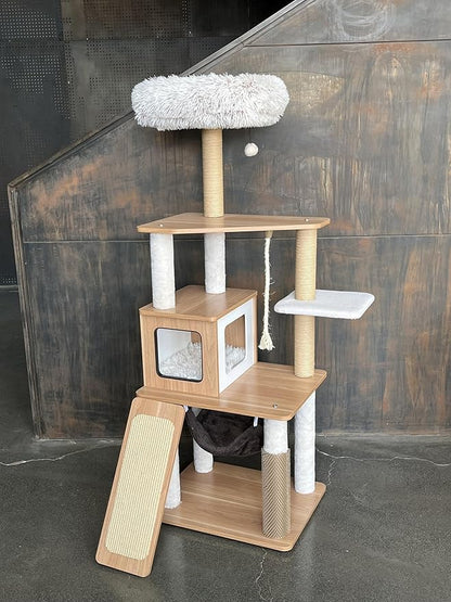 61" Wooden Cat Tree Tower for Indoor Cats, Luxury Modern Wooden Tower with XL Plush Lounge, Hammock & Scratching Posts for Maine Coon 20 lbs