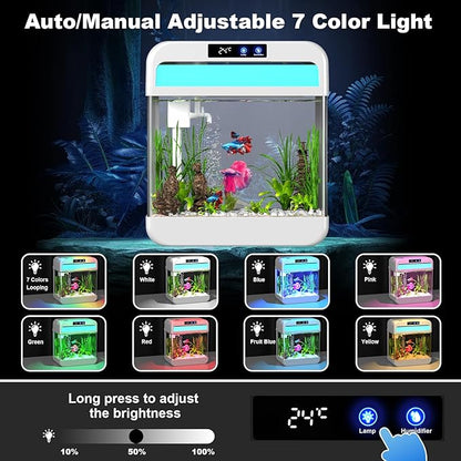 Fish Tank Aquarium 2.2 Gallon with 7 Color Auto-Looping Light, Fish Bowl with Humidifier 3 in 1 Pump - Filteration & Oxygenation & Circulation, Temperature Display, HD Float Glass, Thickened Base