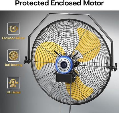 20 Inch Industrial Wall Mount Fan, 5200 CFM Industrial Metal Wall Fans with Poweful Motor, 3 Speed, Heavy Duty Construction Indoor for Warehouse, Workshops, and Garage, UL Listed