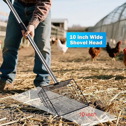 10inch Large Metal Chicken Poop Scooper,32 to 67" Adjustable Long Chicken Coop Litter Scoop,Heavy Duty Sifting Shovel for Chicken Coop & Pet Waste Cleaning