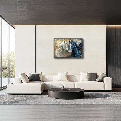 Framed Large Horse Wall Art for Living Room, Oversized Abstract Horses Wall Decor Blue and Golden Canvas Painting Animal Pictures Modern Artwork for Living Room Bedroom Office 36"x24"
