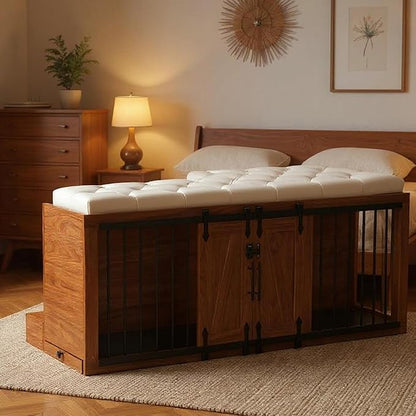 56" L Dog Crate Furniture with Padded Seat, End of Bed Bench Ottoman with Cushion, Wooden Dog Kennel with Pet Stairs & Sliding Barn Door for Bedroom, Living Room, Walnut