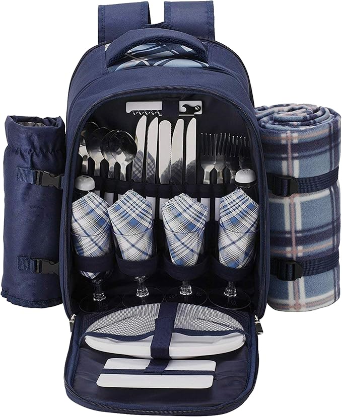 Apollo walker Picnic Backpack Set for 4 with Cooler Compartment,Detachable Bottle/Wine Holder Including Large Picnic Blanket(45"x 53") for Picnic Family and Lovers Gifts,Outdoor,BBQ Time (Blue)