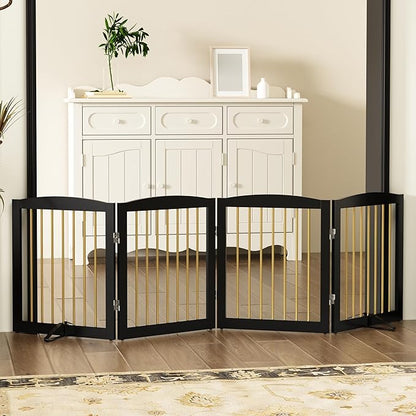 Freestanding Pet Gate for Dogs, Foldable Wooden Dog Gate for House, Indoor Dog Gate for Stairs, Doorways, Step Over Pet Puppy Safety Fence, 80 Inch Wide, 4 Panels 24", Black & Gold