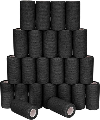 24 Pack Self Adhesive Bandage Wrap, 4” x 5 Yards Cohesive Medical Tape Elastic Grip Tape Black Sports Tape Athletic for Ankle, Wrist Sprains, Pet First Aid (Black, 4 Inch)