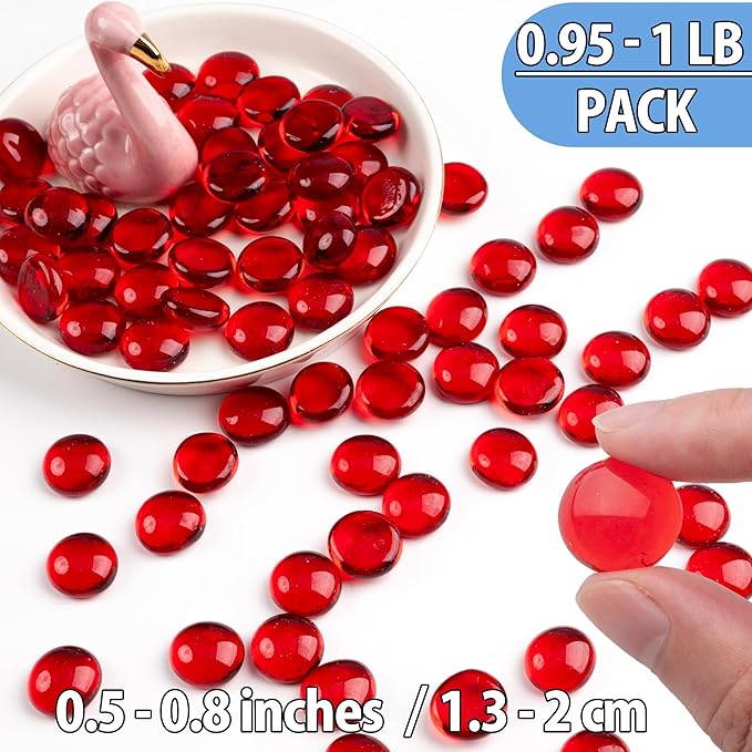 1LB Red Glass Marbles, Transparent and Smooth Flat Glass Beads for Vases, Mosaic Gem Pebbles for Aquarium Decor, Floral Arrangements, Mancala Stones, Vase Filler and Crafts (Approx. 80-100 PCS)