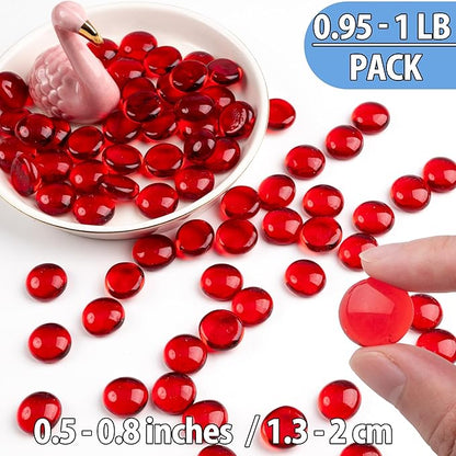 1LB Red Glass Marbles, Transparent and Smooth Flat Glass Beads for Vases, Mosaic Gem Pebbles for Aquarium Decor, Floral Arrangements, Mancala Stones, Vase Filler and Crafts (Approx. 80-100 PCS)