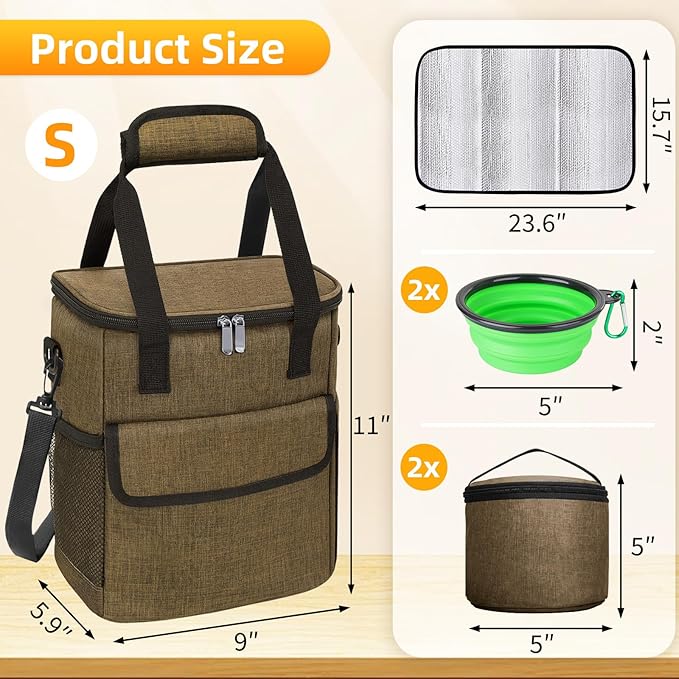 Dog Travel Bag for Camping - Pet Travel Accessories with 2 Collapsible Bowls, 2 Food Containers & Waterproof Feeding Mat - Portable Dog Carrier, Coffee (Small)