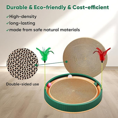 20-Inch Round Cat Scratcher with Ball Track – 3-in-1 Cardboard Scratching Pad with Feather Toy & Non-Slip Base – Interactive Cat Toy for Indoor Cats, Kittens & Large Cats (Green)