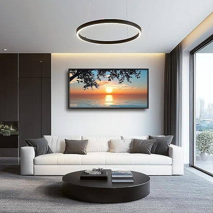 Framed Large Lake Sunset Wall Art, Oversized Natural Landscape Wall Decor for Living Room, Tree Leaves Canvas Painting Pictures Home Decoration for Living Room Bedroom Office 60"x30"