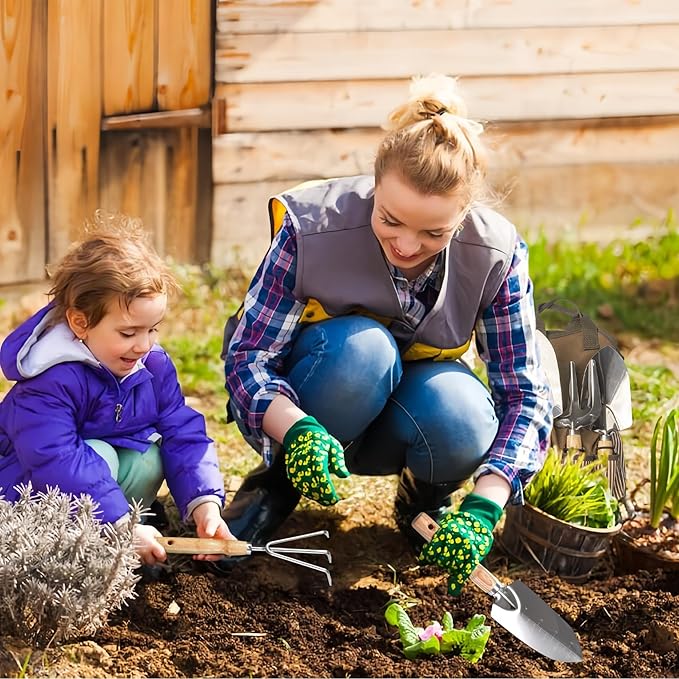13-Piece Garden Tools Set with Tote Bag & Apron, Repotting Mat - Stainless Steel Heavy Duty Planting Kit, Ergonomic Non-Slip Handles - Gardening Gift for Women, Mom, Home Gardeners