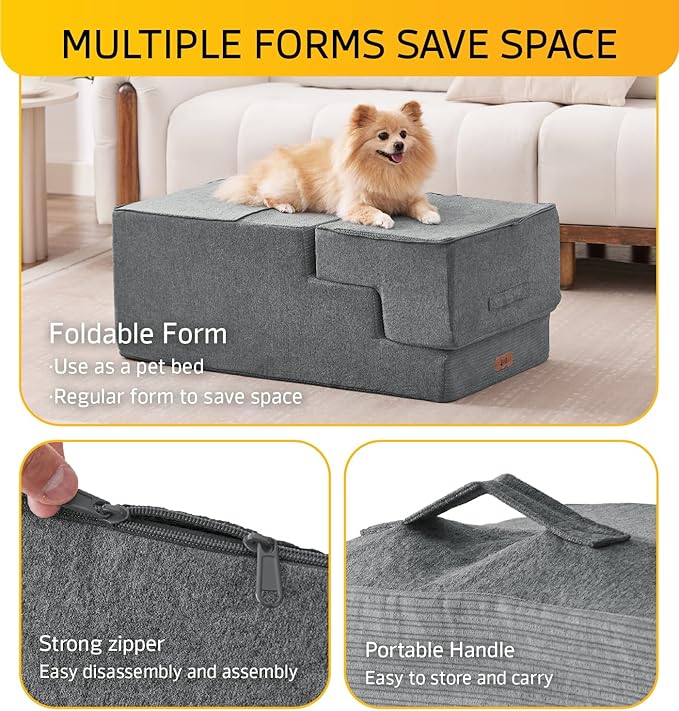 Dog Stairs for Bed, Dog Steps for Bed Couch Sofa, 35D Foam Pet Steps for Small Dogs and Cats, Extra Wide Pet Stairs with Non-Slip Bottom Grey, 3 Steps