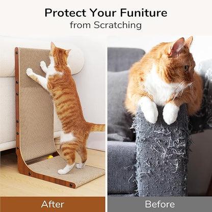FUKUMARU Cat Scratcher, 26.8 Inch Cat Scratch Pad for Indoor Cats, L Shaped Cardboard Vertical Cats Scratching Board with Ball Toy, Walnut Color, 1 Pack
