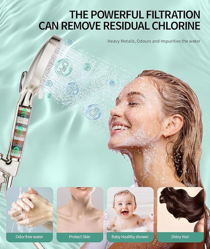 Filtered Shower Head with Handheld, High Pressure 9 Spray Mode Brushed Nickel Showerhead with Filters, detachable shower head,Water Softener Filters Beads for Hard Water - Remove Chlorine
