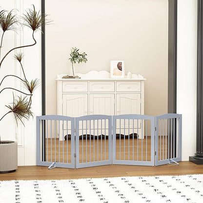 Freestanding Pet Gate - Foldable Wooden Dog Gate for House, Indoor, 80 Inch Wide, 4 Panels 24", Grey