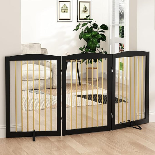 Freestanding Pet Gate for Dogs, Foldable Wooden Dog Gate for House Indoor, Step Over Pet Puppy Safety Fence for Stair, Doorway,Hall, Support Feet Included,3 Panels 32",Black&Gold