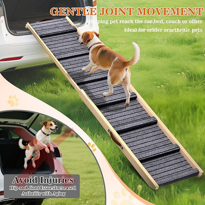 Dog Ramp for Car, 71''x 17'' Extra Long Deluxe Telescoping Design Wooden Pet Ramp, Pet Stair Ramps for Truck SUV with Non-Slip Surface, Portable Outdoor Dog Steps for Medium Large Dogs, Up to 250LBS