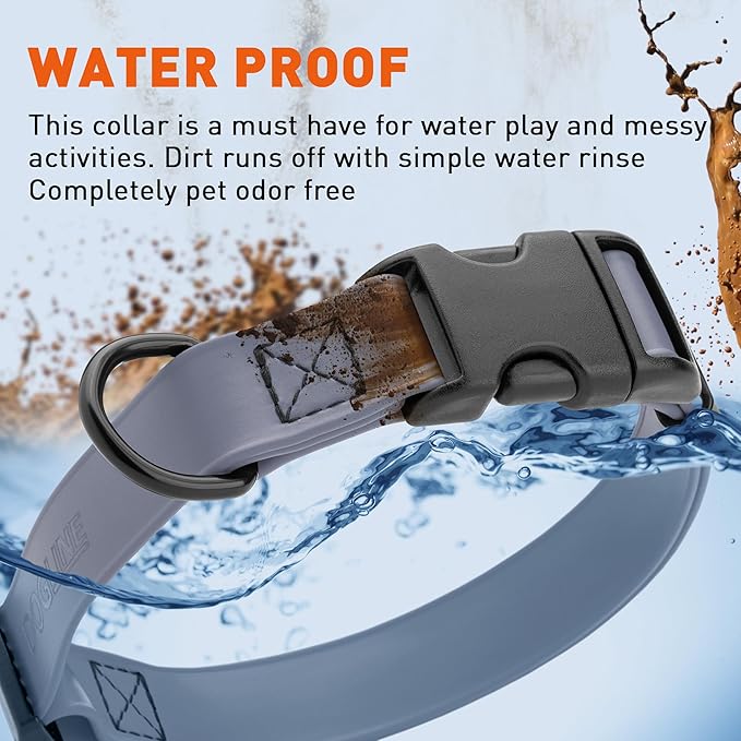 Dogline Biothane Waterproof Dog Collar with Quick Release Buckle Strong Coated Nylon Webbing with Odor- Proof for Easy Care Easy to Clean Fits Small Medium Large Dogs, Grey 5/8" W 9-14" L