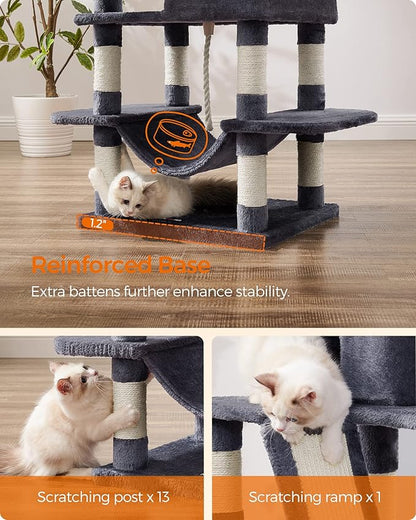 Feandrea Cat Tree, 66.1-Inch Large Cat Tower with 13 Scratching Posts, 2 Perches, 2 Caves, Basket, Hammock, Pompoms, Multi-Level Plush Cat Condo for Indoor Cats, Smoky Gray UPCT165G01